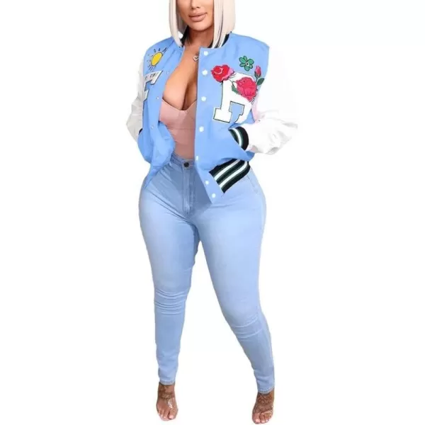 IyMoo Bomber Jackets for Women Long Sleeve Casual Button Down Cropped Baseball Jacket with Pockets Clubwear S2XLA1 Lightblue