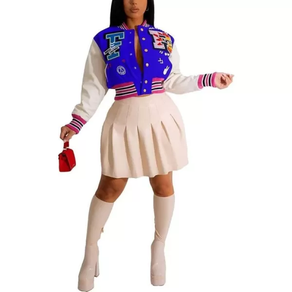 IyMoo Bomber Jackets for Women Long Sleeve Casual Button Down Cropped Baseball Jacket with Pockets Clubwear S2XLA2 Blue