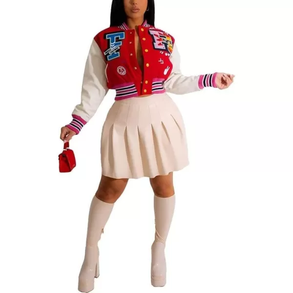 IyMoo Bomber Jackets for Women Long Sleeve Casual Button Down Cropped Baseball Jacket with Pockets Clubwear S2XLA2 Red