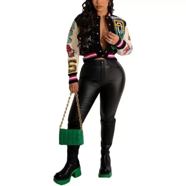 IyMoo Bomber Jackets for Women Long Sleeve Casual Button Down Cropped Baseball Jacket with Pockets Clubwear S2XLA3 Black