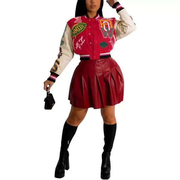 IyMoo Bomber Jackets for Women Long Sleeve Casual Button Down Cropped Baseball Jacket with Pockets Clubwear S2XLA3 Red