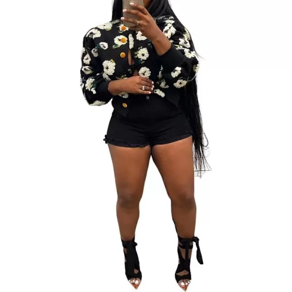 IyMoo Bomber Jackets for Women Long Sleeve Casual Fleece Button Down Cropped Baseball Jacket Clubwear S2XLA2 Chrysanthemum