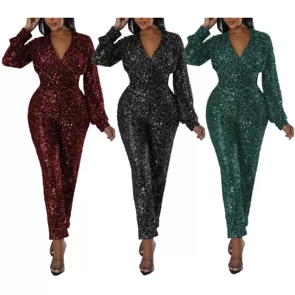 IyMoo Sequin Jumpsuits for Women Sexy Long Sleeve V Neck Wrap Sparkly Sequin Glitter Party Club Jumpsuit Romper ClubwearA1 Green