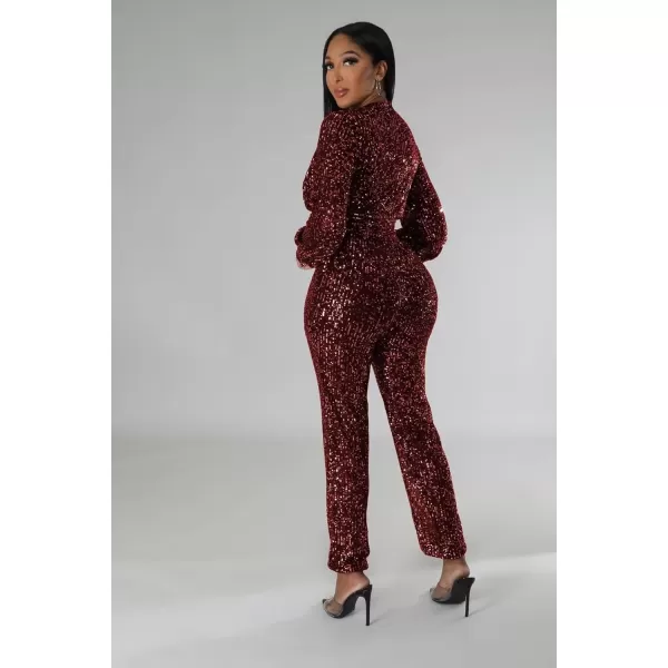 IyMoo Sequin Jumpsuits for Women Sexy Long Sleeve V Neck Wrap Sparkly Sequin Glitter Party Club Jumpsuit Romper ClubwearA1 Winered