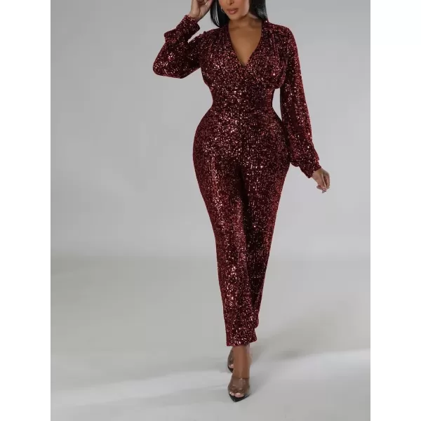 IyMoo Sequin Jumpsuits for Women Sexy Long Sleeve V Neck Wrap Sparkly Sequin Glitter Party Club Jumpsuit Romper ClubwearA1 Winered