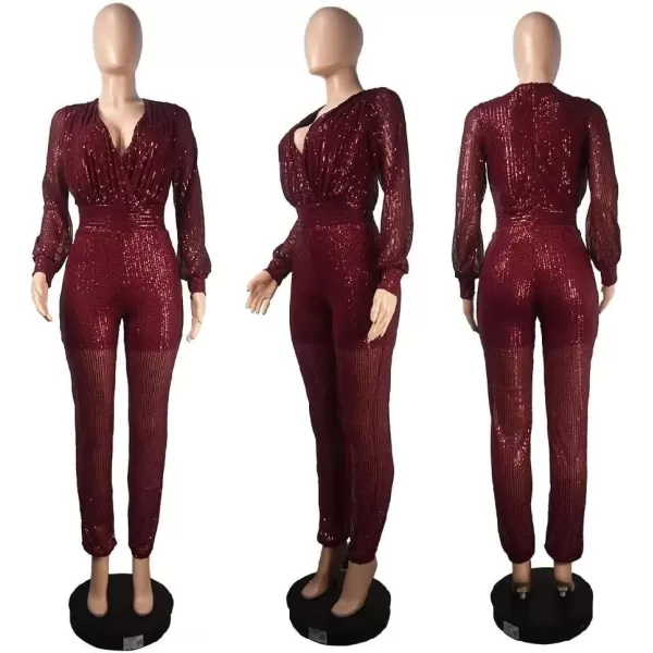 IyMoo Sequin Jumpsuits for Women Sexy Long Sleeve V Neck Wrap Sparkly Sequin Glitter Party Club Jumpsuit Romper ClubwearA1 Winered