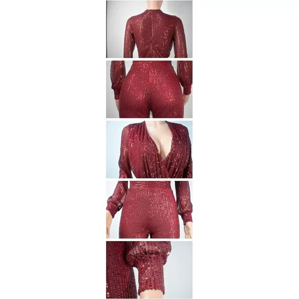 IyMoo Sequin Jumpsuits for Women Sexy Long Sleeve V Neck Wrap Sparkly Sequin Glitter Party Club Jumpsuit Romper ClubwearA1 Winered