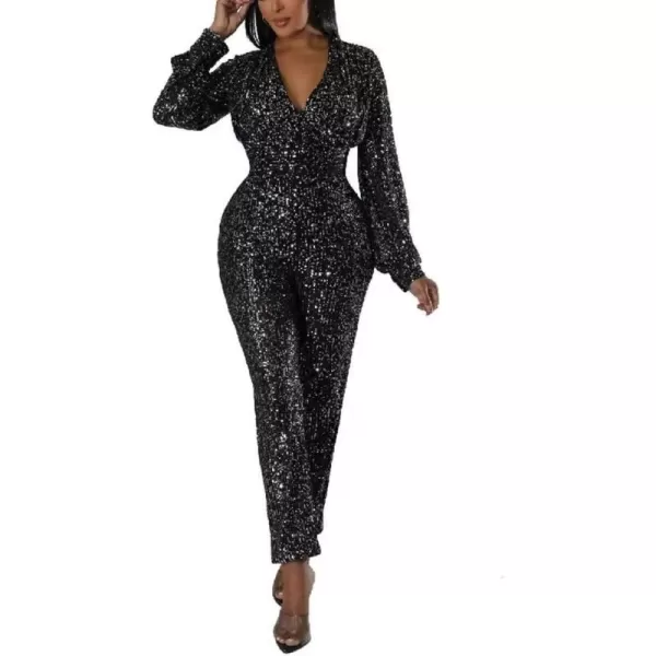 IyMoo Sequin Jumpsuits for Women Sexy Long Sleeve V Neck Wrap Sparkly Sequin Glitter Party Club Jumpsuit Romper ClubwearA1 Black