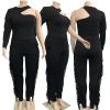 imageIyMoo Plus Size Lounge Set Womens Outfits Sets One Shoulder Crop Top Long Sleeve Fringe Pants  Loose Sweatsuit 2 Piece Pajamas Black 3X