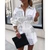 imageIyMoo Sexy Mini Shirt Dress for Women  Casual Button Down Blouse Long Sleeve V Neck Belted Shirts Blouse Top Short DressLetter White
