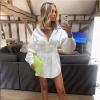 imageIyMoo Sexy Mini Shirt Dress for Women  Casual Button Down Blouse Long Sleeve V Neck Belted Shirts Blouse Top Short DressWhite