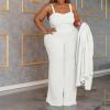 imageIyMoo Womens Plus Size 3 Piece Sets Outfit Tracksuit Crop Top Blazer Jacket and Wide Leg Long Pants Jumpsuit Romper SuitsWhite