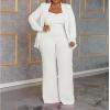 imageIyMoo Womens Plus Size 3 Piece Sets Outfit Tracksuit Crop Top Blazer Jacket and Wide Leg Long Pants Jumpsuit Romper SuitsWhite