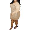 imageIyMoo Womens Sexy Plus Size Long Sleeve Rhinestone Mesh See Through Bodycon Party Club Mini Dress ClubwearBeige