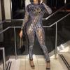 imageIyMoo Womens Sexy See Through Rhinestones Mesh Patchwork Dressy Jumpsuits Rhinestone One Piece Clubwear 034 Black XL