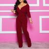 imageIyMoo Womens Sexy Wrap Top Wide Leg Long Sleeve V Neck Sleeveless Cocktail Jumpsuit 3Wine Red Large