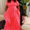 imageWomens Plus Size 2 Piece Dress Outfits Short Sleeve Bandage Wrap Empire Crop Tops and Skirt SetsBright Pink