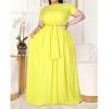 imageWomens Plus Size 2 Piece Dress Outfits Short Sleeve Bandage Wrap Empire Crop Tops and Skirt SetsYellow
