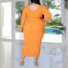 imageWomens Plus Size Sexy Stretchable Long Sleeve Maxi Sweater Off Shoulder Knit Slim Fit Dress588 Orange