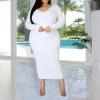 imageWomens Plus Size Sexy Stretchable Long Sleeve Maxi Sweater Off Shoulder Knit Slim Fit Dress588 White