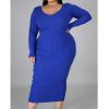 imageWomens Plus Size Sexy Stretchable Long Sleeve Maxi Sweater Off Shoulder Knit Slim Fit DressBlue