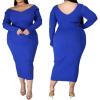 imageWomens Plus Size Sexy Stretchable Long Sleeve Maxi Sweater Off Shoulder Knit Slim Fit DressBlue