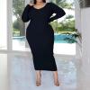 imageWomens Plus Size Sexy Stretchable Long Sleeve Maxi Sweater Off Shoulder Knit Slim Fit DressNavy Blue