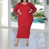 imageWomens Plus Size Sexy Stretchable Long Sleeve Maxi Sweater Off Shoulder Knit Slim Fit DressRed
