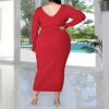 imageWomens Plus Size Sexy Stretchable Long Sleeve Maxi Sweater Off Shoulder Knit Slim Fit DressRed
