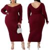 imageWomens Plus Size Sexy Stretchable Long Sleeve Maxi Sweater Off Shoulder Knit Slim Fit DressWine Red