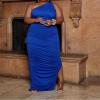 imageWomens Sexy Plus Size One Off Shoulder Sleeveless Bodycon Ruched Evening Pencil Party Maxi DresssBlue