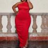 imageWomens Sexy Plus Size One Off Shoulder Sleeveless Bodycon Ruched Evening Pencil Party Maxi DresssRed