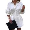imageIyMoo Sexy Mini Shirt Dress for Women  Casual Button Down Blouse Long Sleeve V Neck Belted Shirts Blouse Top Short DressWhite