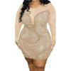 imageIyMoo Womens Sexy Plus Size Long Sleeve Rhinestone Mesh See Through Bodycon Party Club Mini Dress ClubwearBeige
