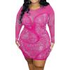 imageIyMoo Womens Sexy Plus Size Long Sleeve Rhinestone Mesh See Through Bodycon Party Club Mini Dress ClubwearPink