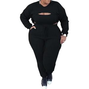 imageIyMoo 3 Piece Outfits for Women Sexy Plus Size  Pullover Sweatshirt Crop Top Camisole Tank Top and Bodycon Sweatpant Jumpsuit Romper Set Black 3X