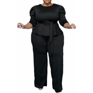 imageIyMoo Plus Size 2 Piece Jumpsuits for Women  Elegant 34 Sleeve Solid Peplum Tops Wide Pants Casual Suit Sets Black 2X
