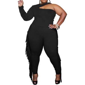 imageIyMoo Plus Size Lounge Set Womens Outfits Sets One Shoulder Crop Top Long Sleeve Fringe Pants  Loose Sweatsuit 2 Piece Pajamas Black 3X