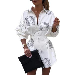 imageIyMoo Sexy Mini Shirt Dress for Women  Casual Button Down Blouse Long Sleeve V Neck Belted Shirts Blouse Top Short DressLetter White