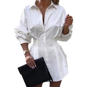 imageIyMoo Sexy Mini Shirt Dress for Women  Casual Button Down Blouse Long Sleeve V Neck Belted Shirts Blouse Top Short DressWhite