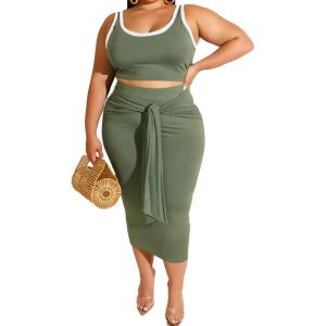 imageIyMoo Sexy Plus Size Dress 2 Piece Outfits Sexy Contrast Sleeveless Tank Crop Tops Bodycon Skirts SetsArmy Green
