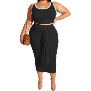 imageIyMoo Sexy Plus Size Dress 2 Piece Outfits Sexy Contrast Sleeveless Tank Crop Tops Bodycon Skirts SetsBlack