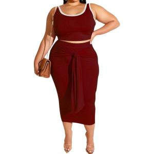 imageIyMoo Sexy Plus Size Dress 2 Piece Outfits Sexy Contrast Sleeveless Tank Crop Tops Bodycon Skirts SetsWine Red