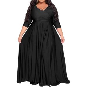 imageIyMoo Womens 2022 Plus Size Half Sleeve Slim Wrap V Neck Back Zipper Evening Maxi Party Dress Black 2X XXLarge
