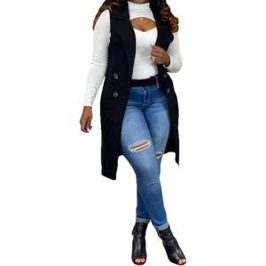 imageIyMoo Womens Casual Sleeveless Long Sweater Vest Open Front Knit Cardigan Waistcoat with PocketsBlack