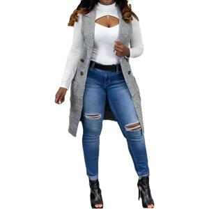 imageIyMoo Womens Casual Sleeveless Long Sweater Vest Open Front Knit Cardigan Waistcoat with PocketsLight Gray