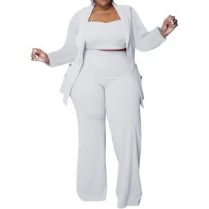 imageIyMoo Womens Plus Size 3 Piece Sets Outfit Tracksuit Crop Top Blazer Jacket and Wide Leg Long Pants Jumpsuit Romper SuitsWhite