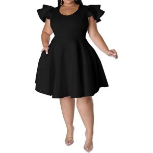 imageIyMoo Womens Plus Size Cape Flutter Sleeve Stretchy A Line Swing Flared Skater Cocktail Party Dress with PocketsBlack