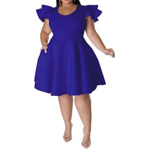imageIyMoo Womens Plus Size Cape Flutter Sleeve Stretchy A Line Swing Flared Skater Cocktail Party Dress with PocketsBlue