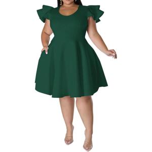 imageIyMoo Womens Plus Size Cape Flutter Sleeve Stretchy A Line Swing Flared Skater Cocktail Party Dress with PocketsDark Green